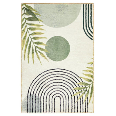 Mid Century Modern Washable Rug, Green Boho Cute Aesthetic 4X6 Area Rugs For Bedroom Dining Living Room Kitchen, Abstract Tropical Leaves Non Slip Thin Indoor Entryway Rug Throw Carpet
