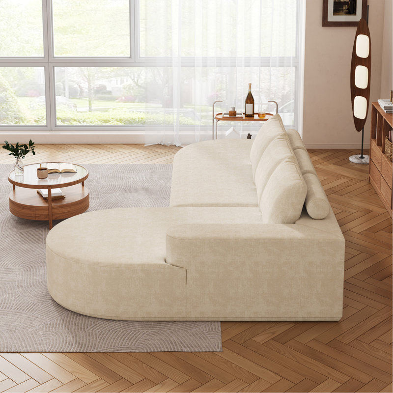Modern Curved Sofa, Beige Chenille