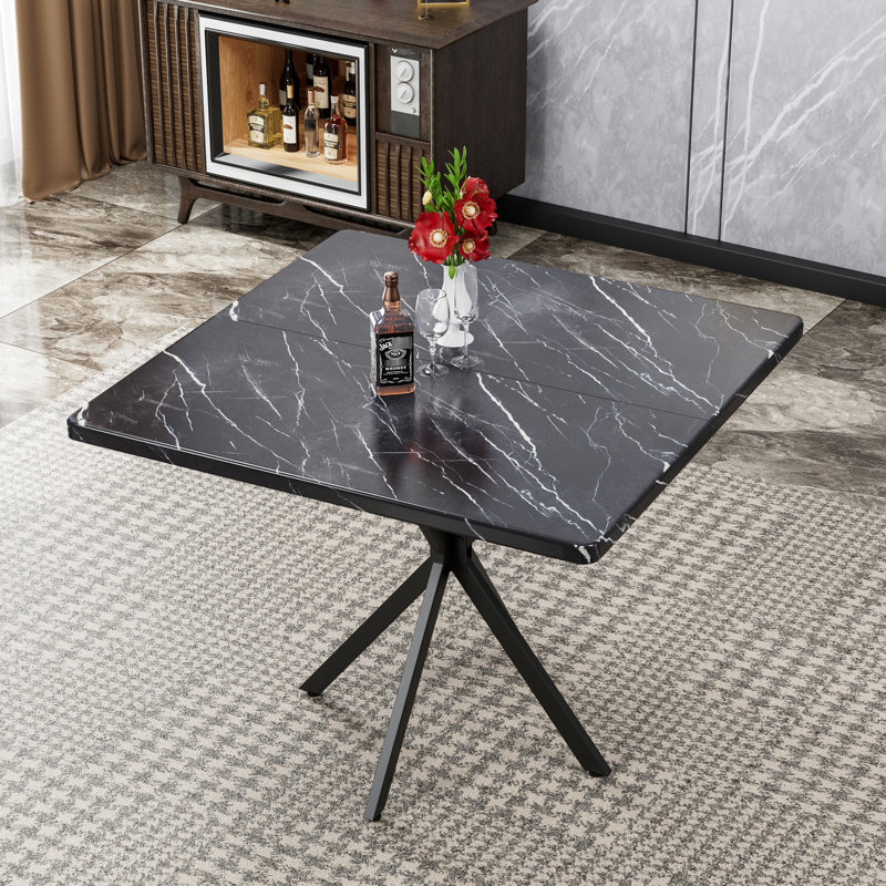 Table de salle à manger carrée pour quatre personnes - plateau en faux marbre, pieds en fer, économie d'espace, chiffon en microfibre, essuyer et assembler les chaises noires, cadre