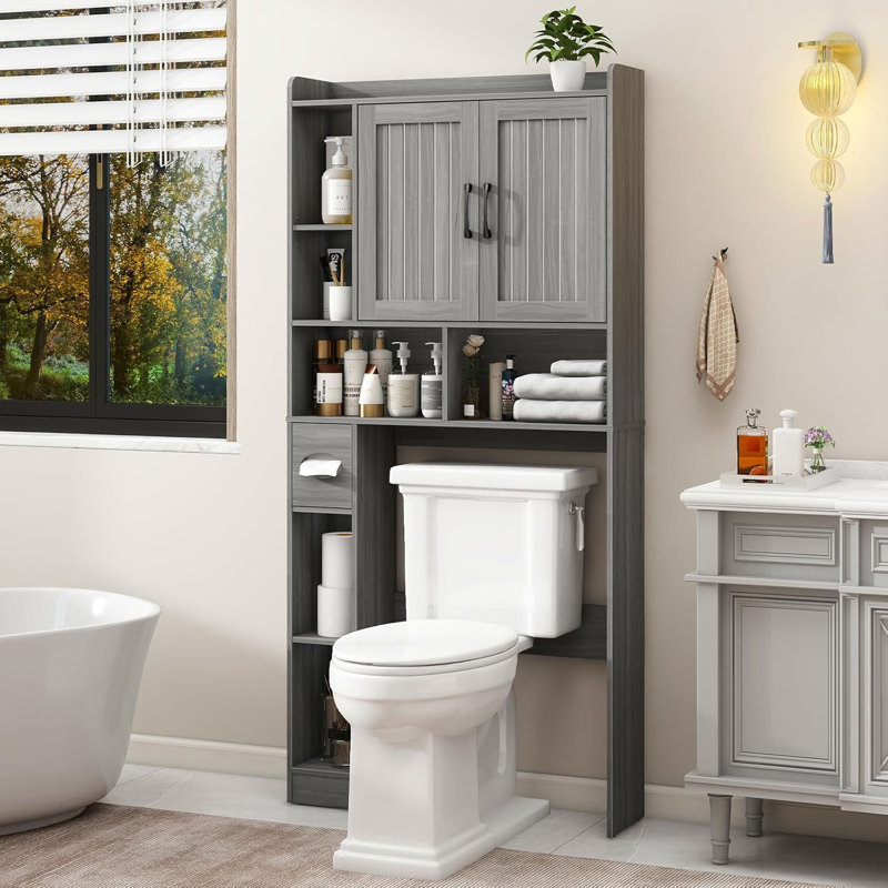 Wash Gray Farmhouse Over The Toilet Storage Cabinet with Adjustable Shelving