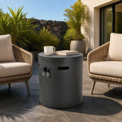 Colonne de foyer au propane ronde en fer H 25 po x l 22 po avec verre de feu, couvercle en métal et housse de pluie