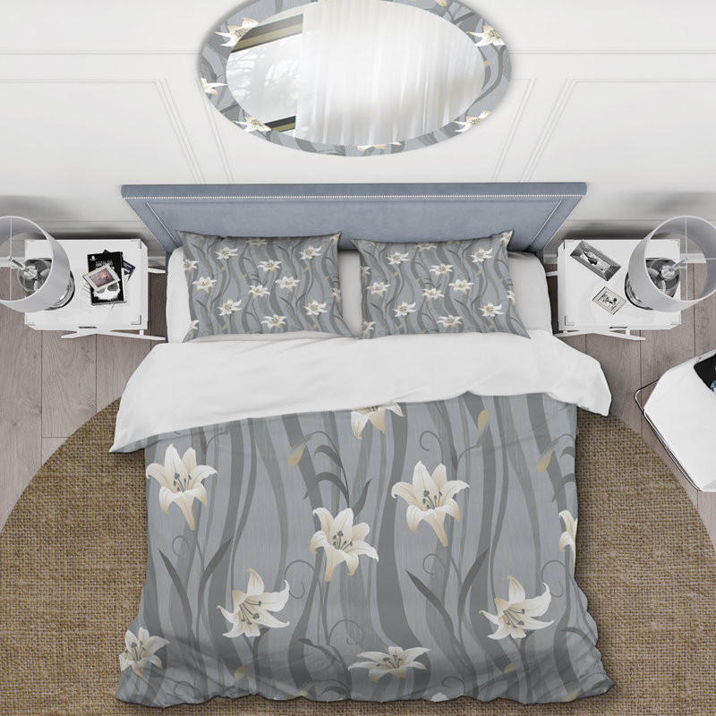 Fleurs blanches sur fond gris - Ensemble de housse de couette Cabin & Lodge