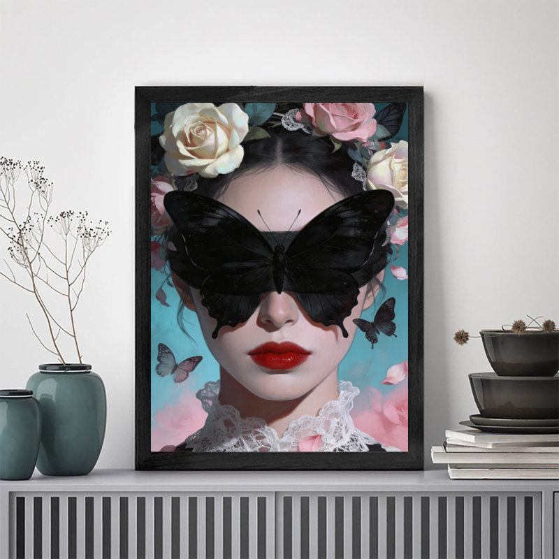 Black Framed Vintage Butterfly and Flower-Covered Girl Wall Art Retro Creativity Style Framed Prints, 11" H x 9" W