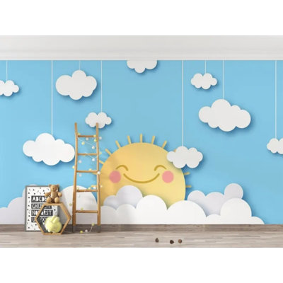 Cute Sun Cloud Wallpaper – Blue Sky Kids Nursery Wall Decor