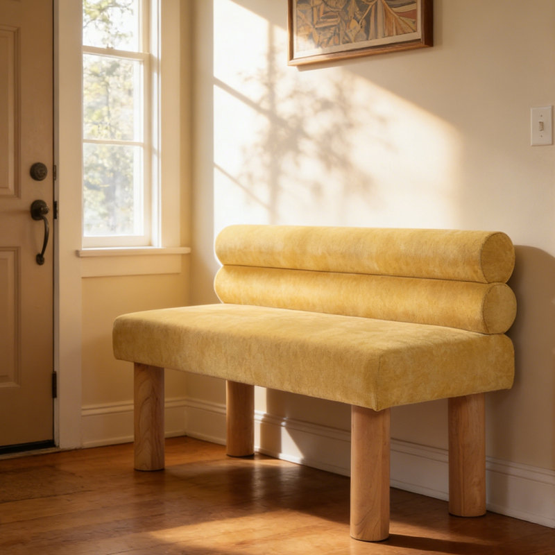 Banc de salle à manger rembourré, bout de lit, banc d'entrée, repose-pieds pour la salle à manger, la chambre à coucher, le salon, pieds en bois d'hévéa, support de 300 lb, jaune