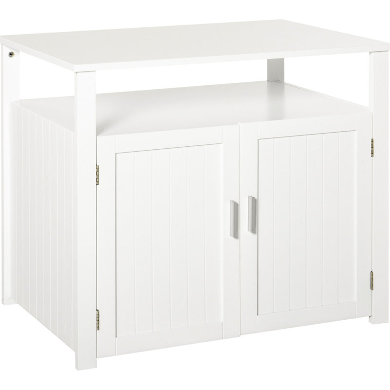 Meuble de toilette blanc avec bac à litière en bois blanc et grande tablette polyvalente