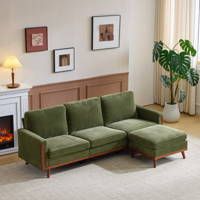 93.7'' W 3-Seat Green Corduroy Solid Wood Couch with Ottoman