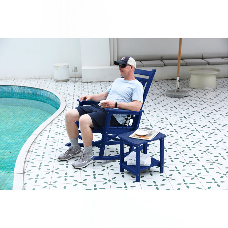 Ensemble de chaises berçantes toutes saisons avec table d'appoint, ensemble de chaises berçantes 3 pièces à texture de bois, bleu marine (comprend 2 chaises berçantes et 1 table)