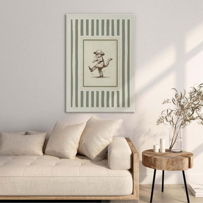 «Cowboy Cat», art animalier occidental rigolo, impression sur toile rétro à rayures vertes, décoration murale de campagne fantaisiste pour chambre à coucher salon 12 x 18 dans un cadre encadré prêt à accrocher