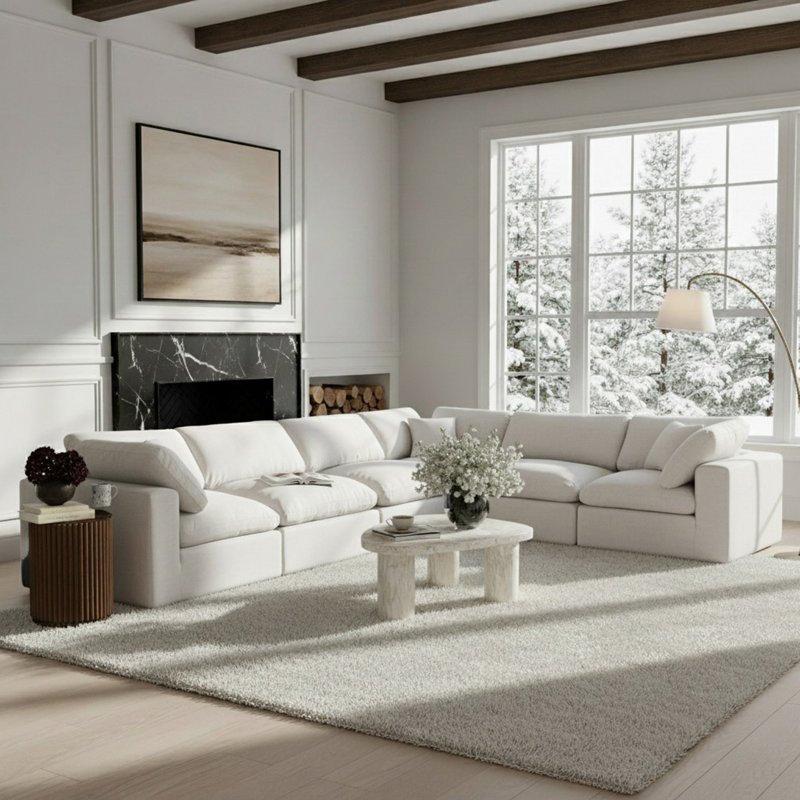 Canapé modulaire 6 pièces rembourré, 100 % lin blanc