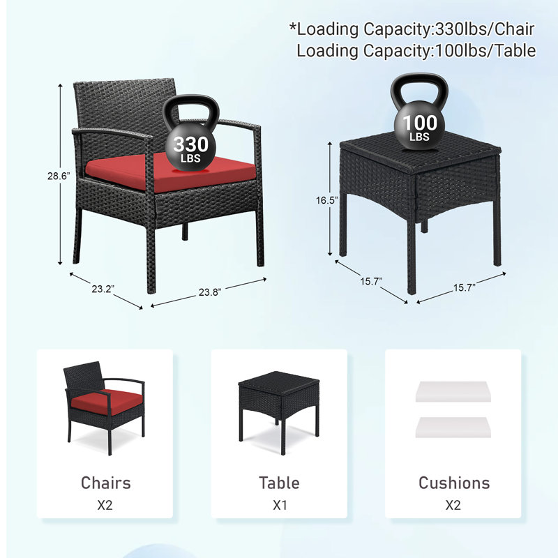 Ensemble de table bistro en rotin pour 2 personnes avec table et coussins, Rouge