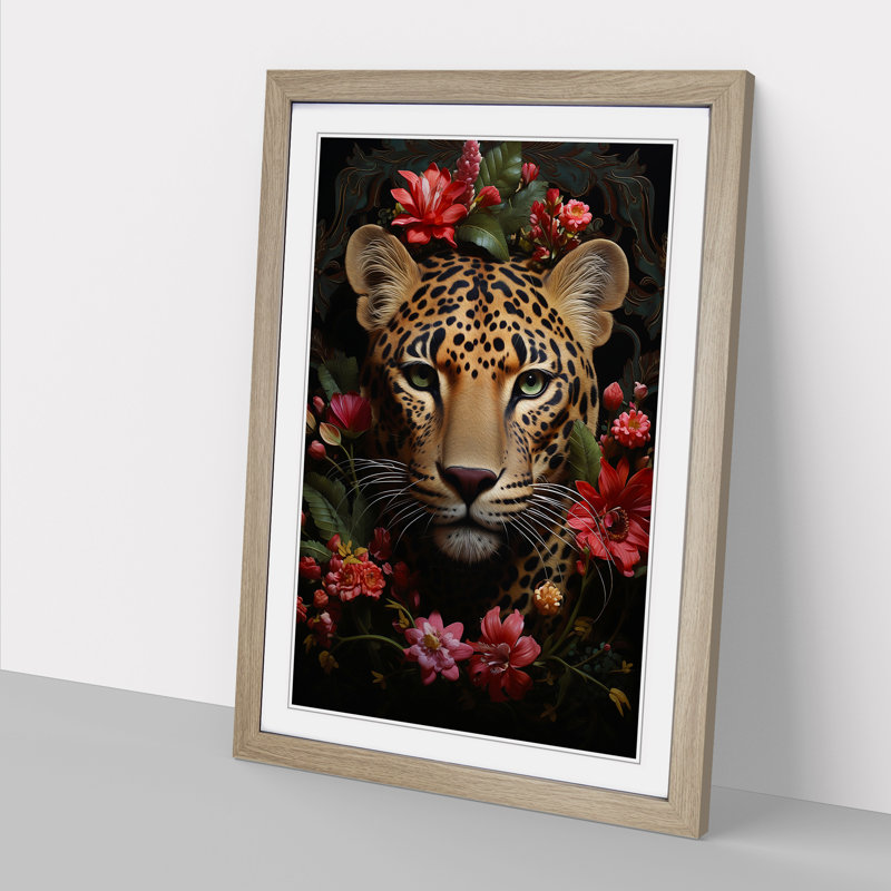 Leopard Rococo - Single Picture Frame Print on Wood, 34cm H x 25cm W x 2cm D, Oak Framed