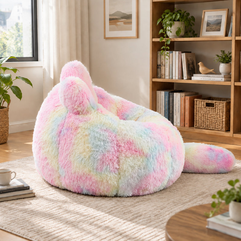 Pouf poire en fausse fourrure en forme de chat de 106 cm avec coussin en forme de queue, canapé simple moelleux et sans os