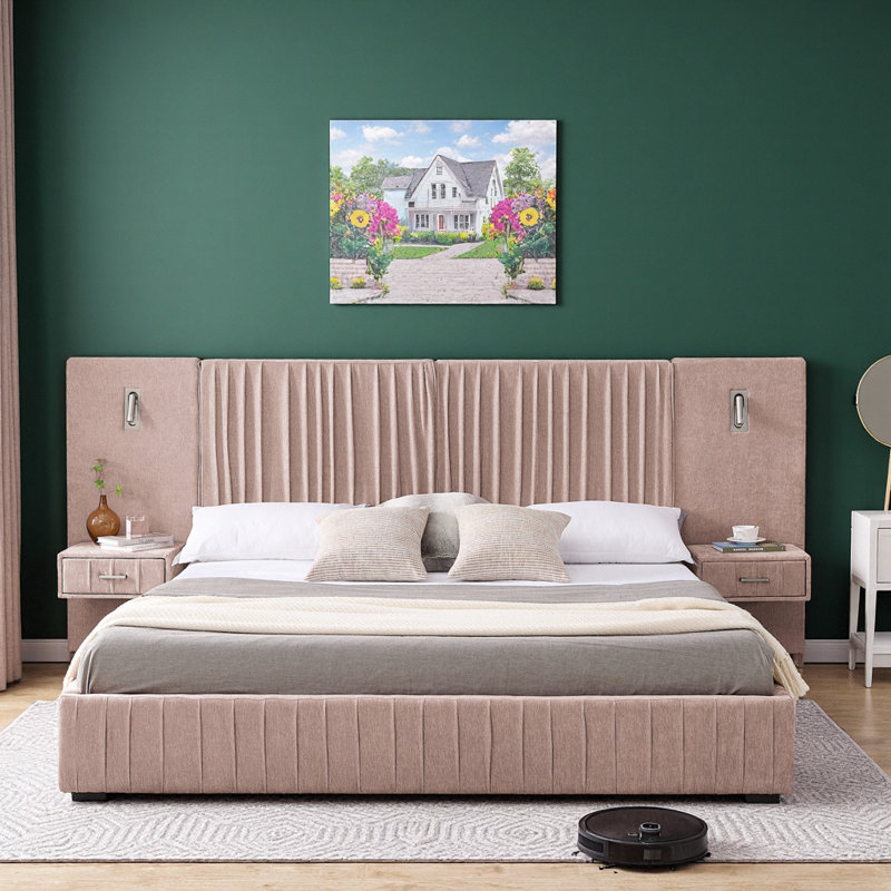Cadre de lit plateforme très grand en chenille rose avec tête de lit, tables de chevet intégrées et lampes DEL réglables