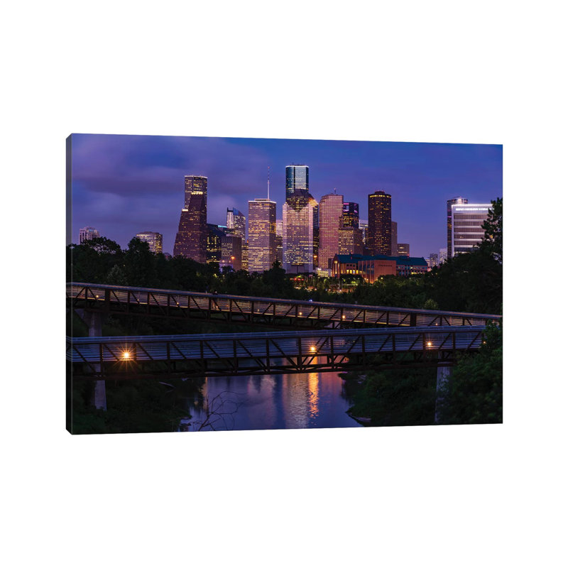 Elevated Walkway Over Buffalo Bayou At Night With Downtown Skyline In Background, Houston, Texas, USA 1 Piece Wrapped Canvas Wall Art