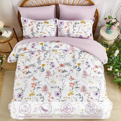 7 Pieces Botanical Floral Comforter Set All Season Bedding Set Lightweight Microfiber with Sheets, Pillowcases & Shams