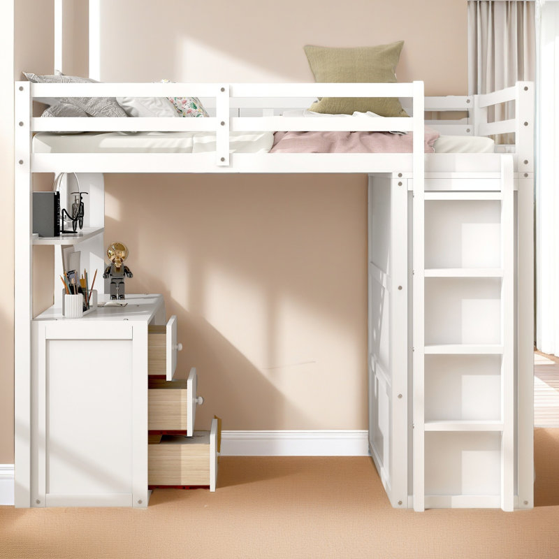 Lit mezzanine avec tiroirs, bureau et garde-robe, Lit simple, Blanc