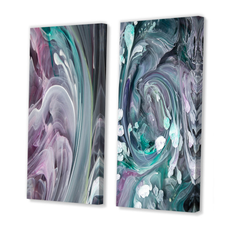 Turquoise et mauve liquide Flow Art IV - ensemble de 2 peintures sur toiles, H 40 po x l 40 po x P 1 po, Toile tendue