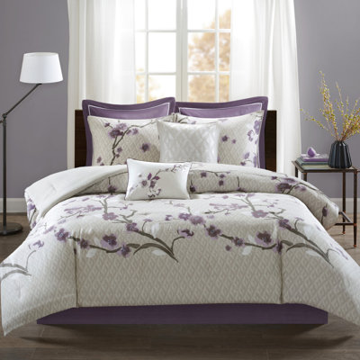 Édredon 8 pièces pour grand lit - mauve / taupe, coton, oreillers décoratifs et inclus