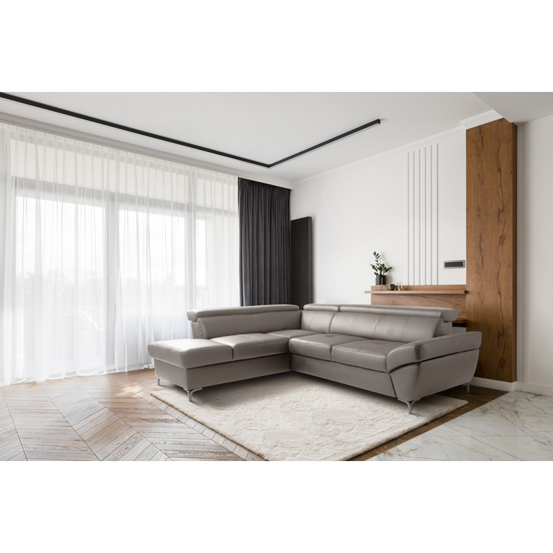 CAPRI Genuine Leather Corner Sofa with Pull-Out Bed and Storage and Adjustable Headrests, Left Hand Facing, Grey
