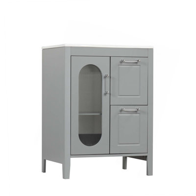 Meuble-lavabo 24 po avec lavabo, meuble-lavabo avec deux tiroirs et porte, tablette réglable, bois massif et panneau de fibres à densité moyenne