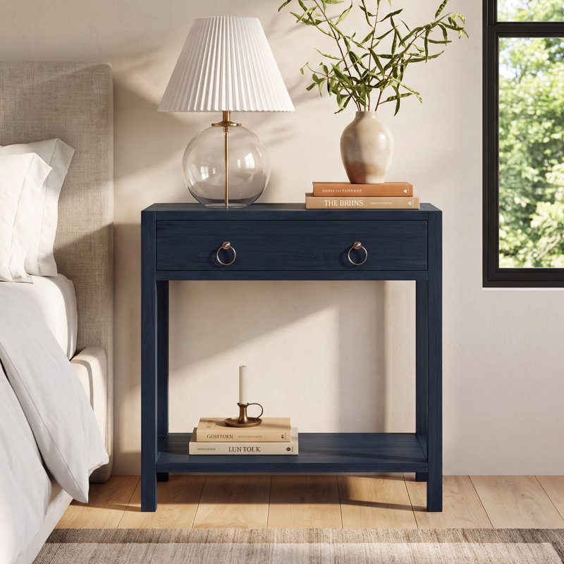 Elin 30" W 1-Drawer Solid Wood Nightstand, Navy Blue