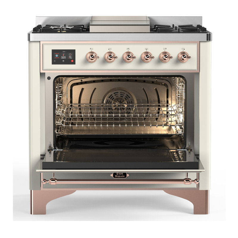 Majestic III Series 36 Inch Dual Fuel Range with 6 Sealed Burners, Griddle, in Glossy Black (Natural Gas, Brass Trim), Copper