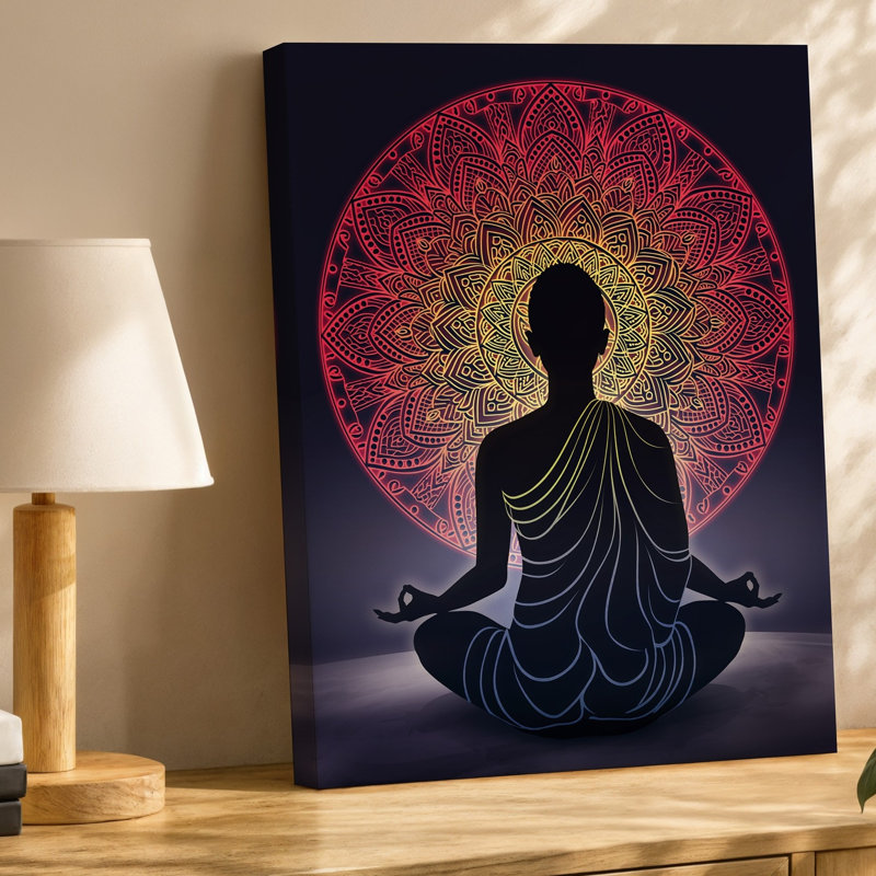 Toile, une silhouette sereine d'une figure assise représentant un art mural méditatif posé sur un grand motif de mandala complexe