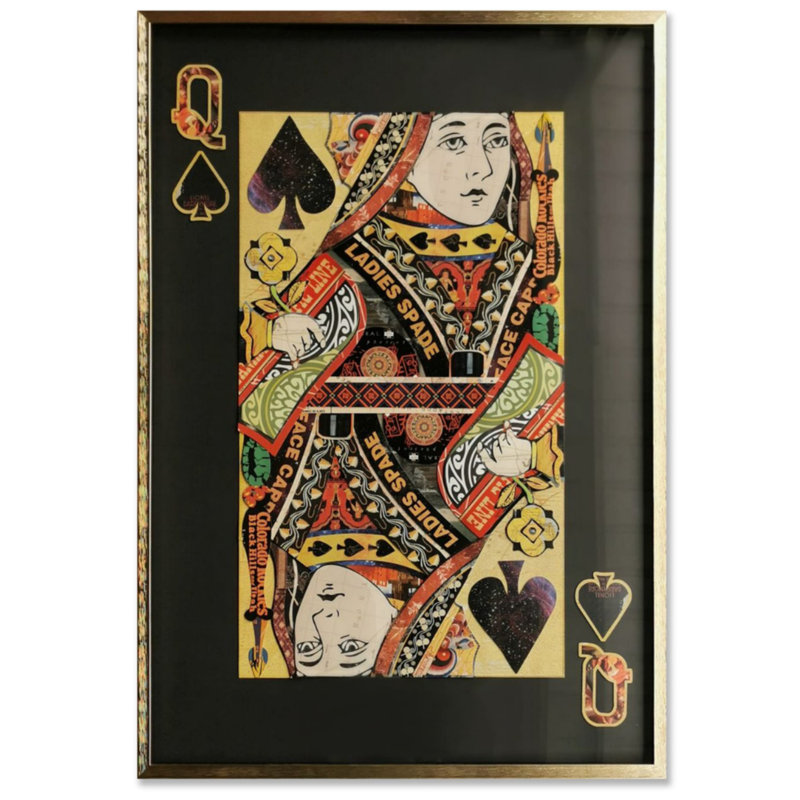 Carte à jouer «Queen of Black Spade», Papier avec cadre doré, Noir, Jaune
