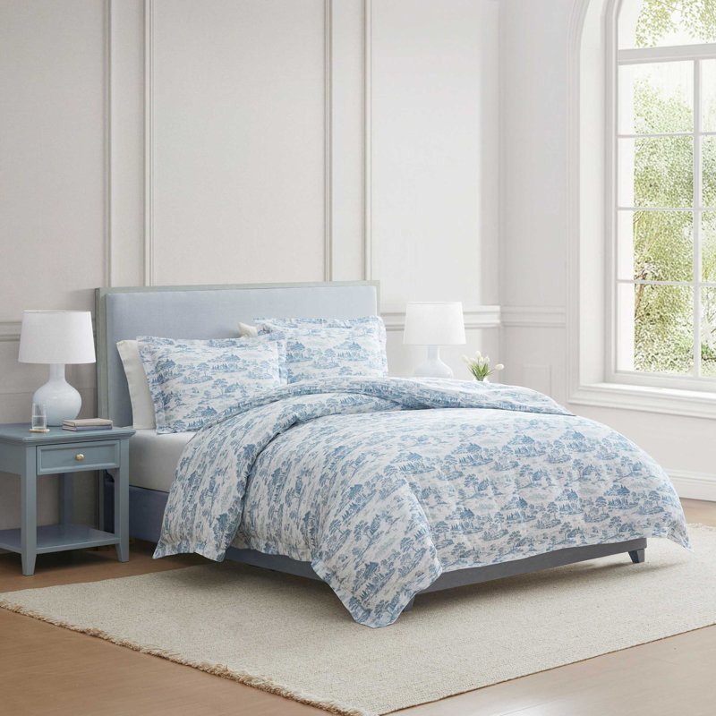 Martha Stewart Farmhouse Toile Cotton Reversible Blue Comforter Set, Twin Comforter + 1 Standard Sham