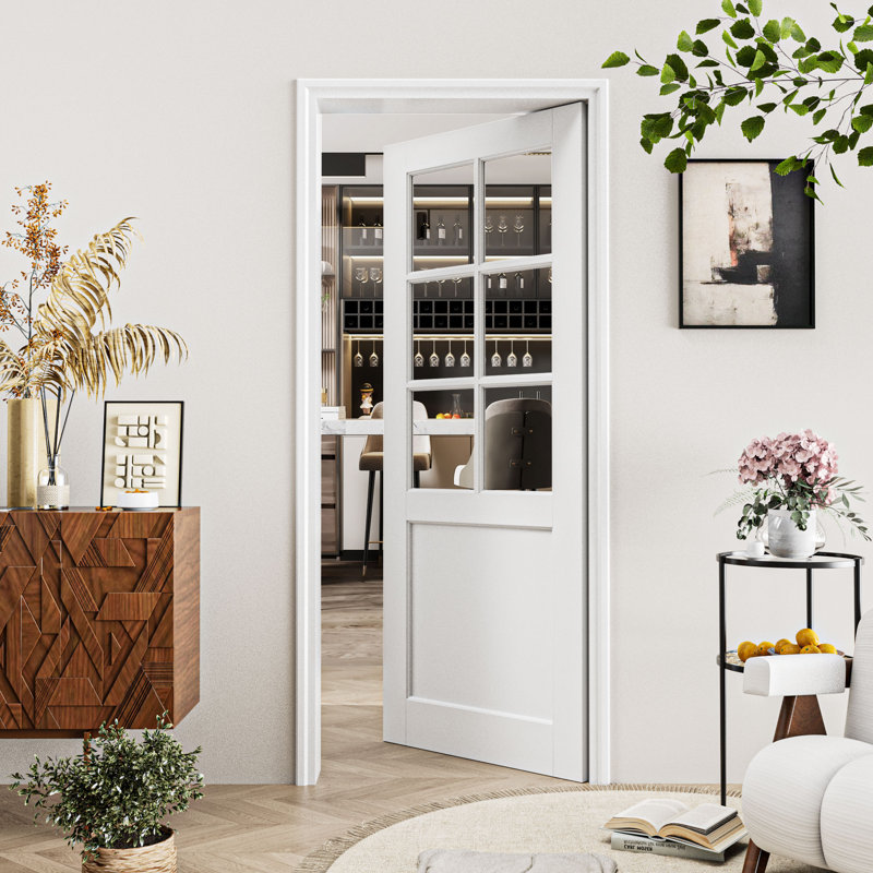 White Primed Solid Core 6-Panel Clear Glass Slab Door Suitable For Bathroom/Pantry, 32" x 80"
