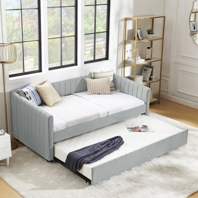 Upholstered Twin Daybed With Trundle, Grey Linen Fabric, Vertical Stripes, 82.5"X43"X30", Comfortable For Bedroom, Contemporary Look, Hassle - Assembly Size Bed Style, Straight Forward Setup