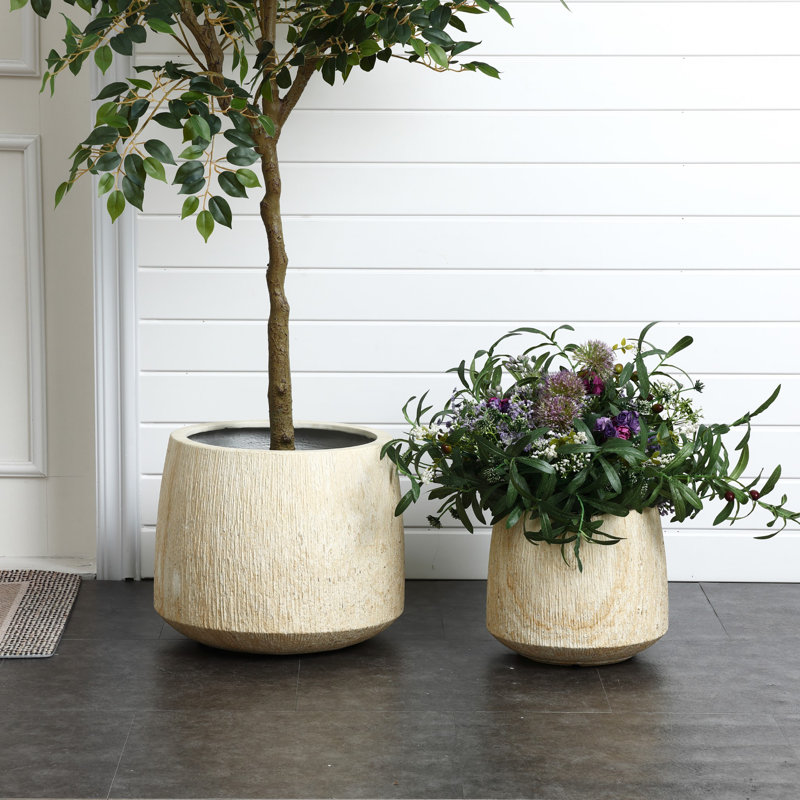15.8'' D 2-Piece Round Planter Set, Faux Marble Ribbed Indoor Outdoor Flower Pots with Drainage Hole, Brown/Ivory