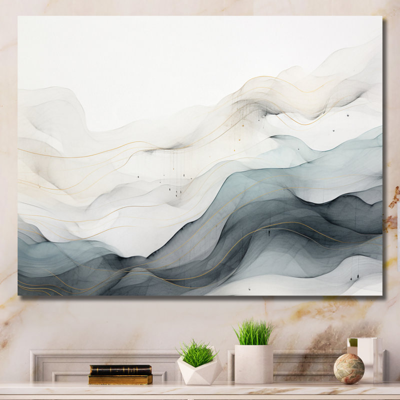 Bleu gris, dessin au trait abstrait conceptuel II - Art mural, H 34 po x l 44 po, Toile tendue, Sans cadre