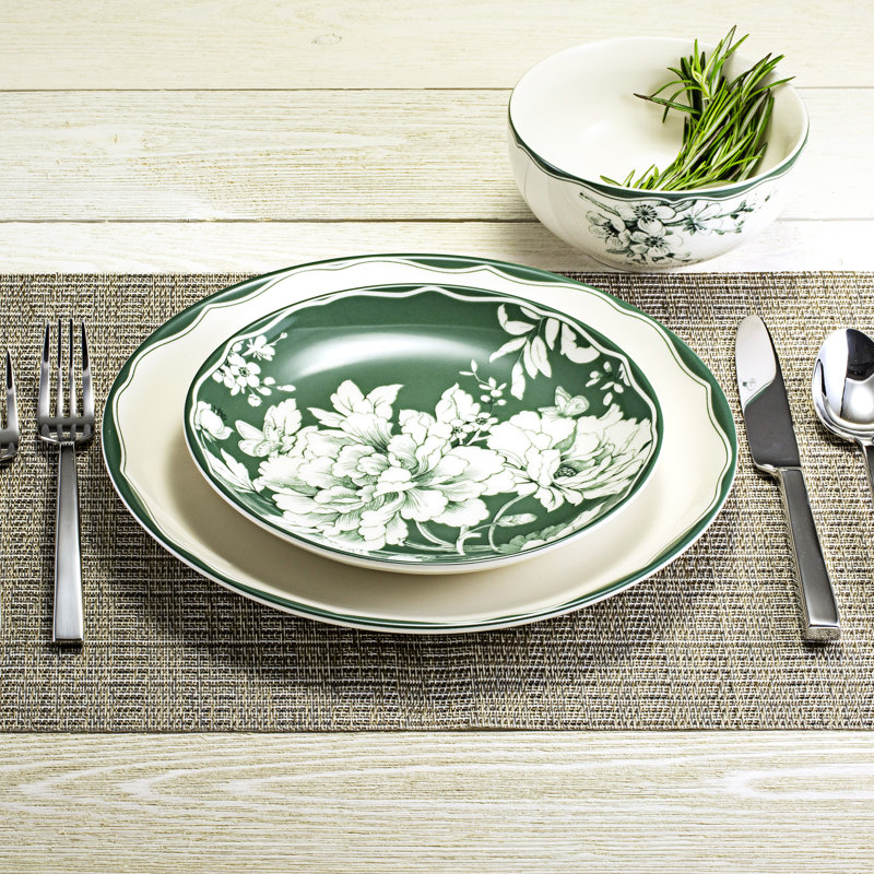 Sage and White Porcelain 12-Piece Dinnerware Set for 4