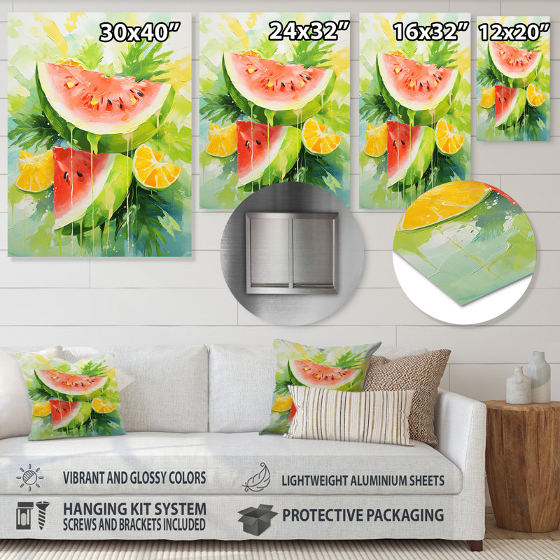 «Summertime Watermelon Fruit 5 - Fruits», art mural en métal, H 32 po x l 24 po x P 1 po