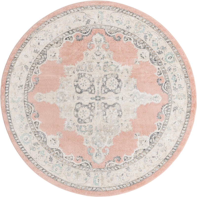 Tapis oriental rose / gris / ivoire Saira, Rond 7 pi 10 po