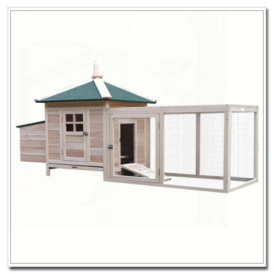 PawHut 77" Wooden Chicken Coop with Nesting Box, Cute Outdoor Hen House with Removable Tray, Ramp Run, for Garden Backyard, Natural
