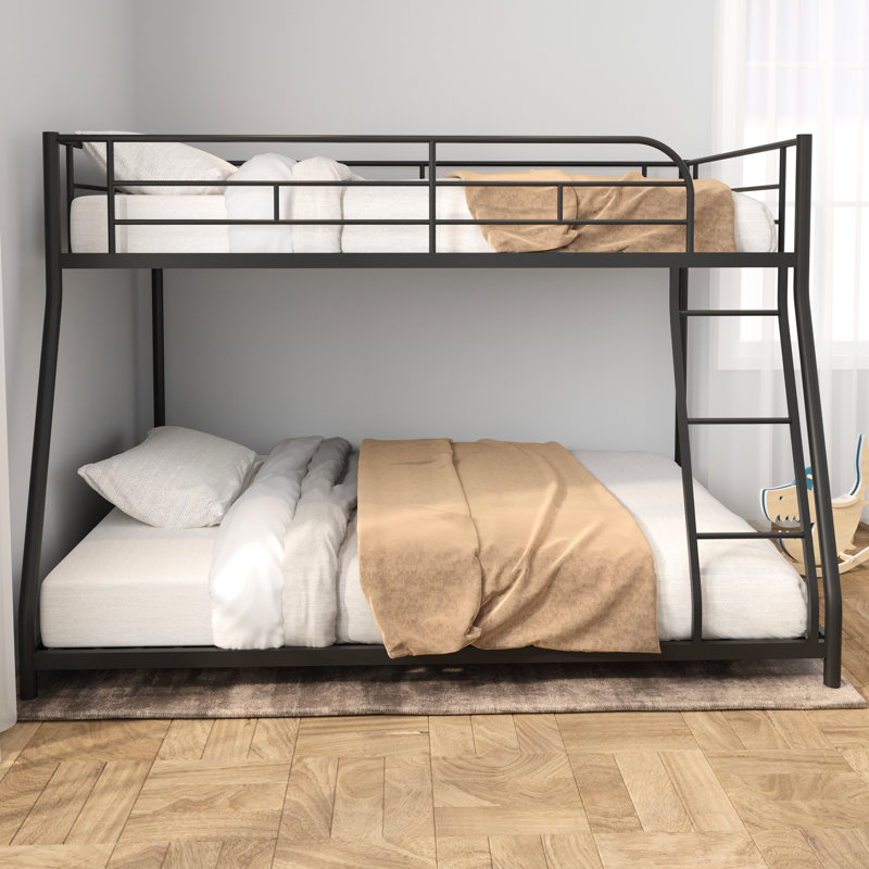 Twin Over Full Bunk Bed With Metal Construction, - Length Guardrail And Center Support Heavy Duty Quiet Wood Slats, Quick Assembly Package