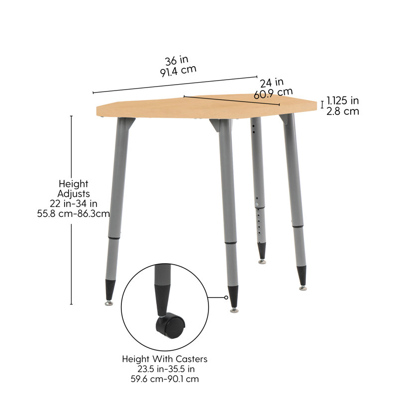 Table d'activité à grain de bois 24 x 36 avec pieds fuselés réglables, Grain d'érable, Argent argent