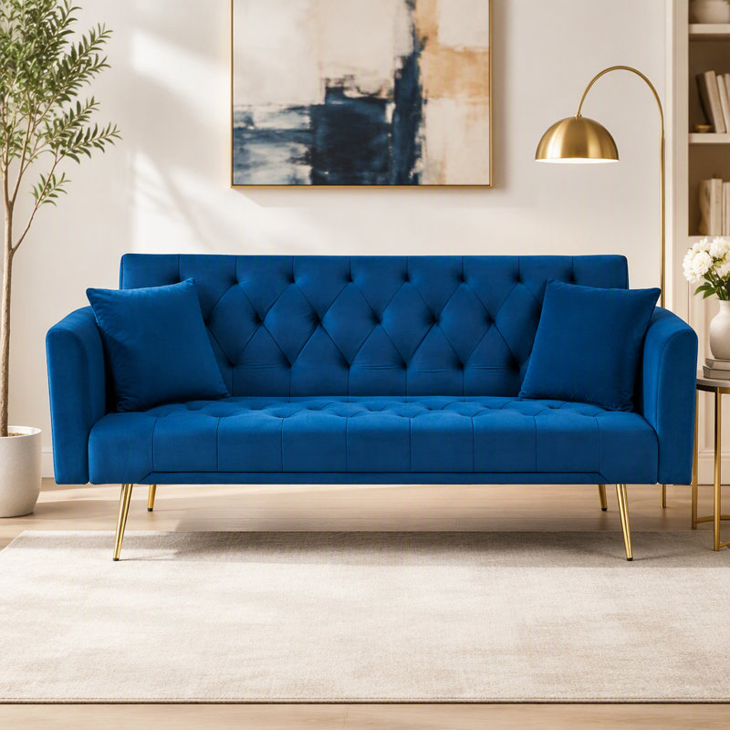 Canapé-lit double convertible pliant pour salon Eta, Velours bleu