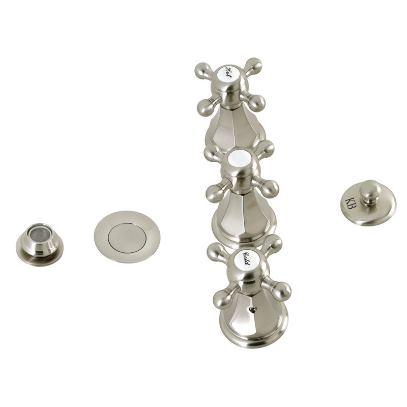 Kingston Brass Metropolitan Three-Handle Deck Mount Bidet Faucet with Brass Pop-Up, Brushed Nickel