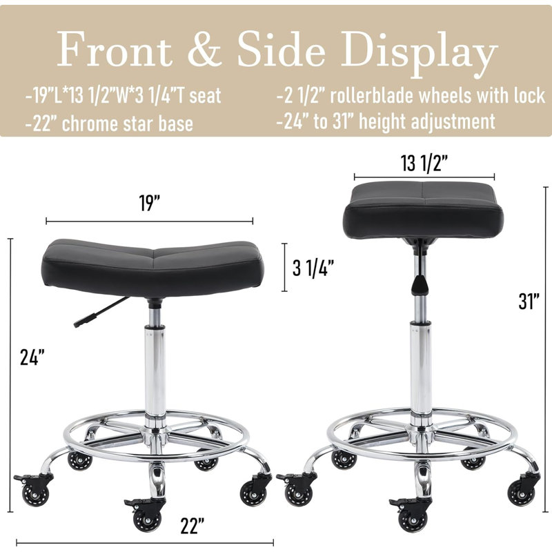 Adjustable Height Ergonomic Industrial Stool with Footrest, Black