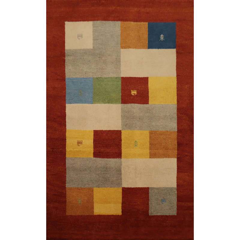 Tapis moderne multicolore de style Gabbeh 5 x 7 avec des motifs géométriques uniques