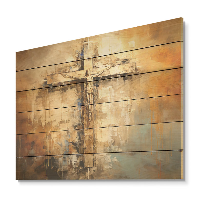 Gold Religious Minimalism Cross I - Religious Landscape Wood Art On Natural Pine Wood, 10" H x 20" W