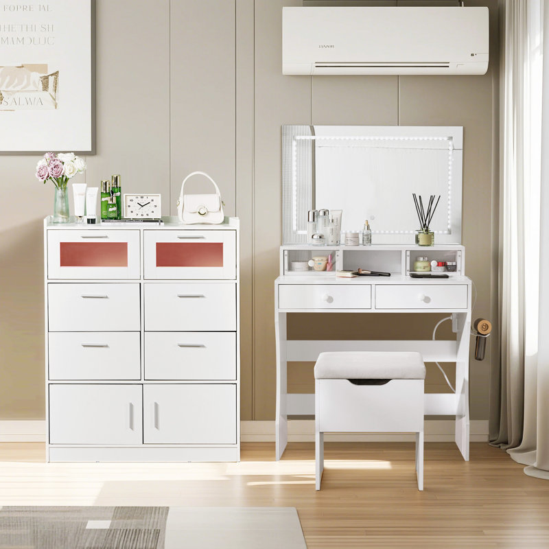 Ensemble de coiffeuse et meuble-lavabo 2 pièces avec commode à lumière DEL et coiffeuse
