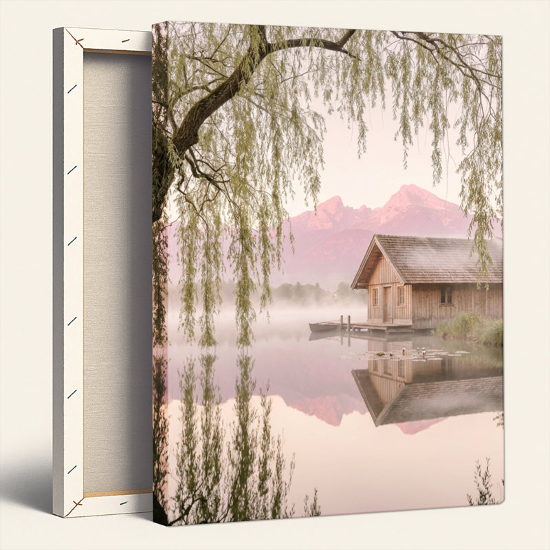 Ensemble de 1 tableau sur toile représentant un chalet au bord d'un lac, 24"H x 18"W, Toile tendue
