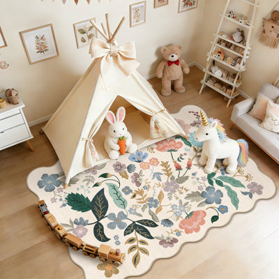 5x7 Living Room Area Rugs: Washable Floral Non-Slip Rug for Bedroom Dining Room Soft Carpet for Nursery Kitchen Home Office Farmhouse Thin Floor Mat for Teen Dorms(5x7,Cream)
