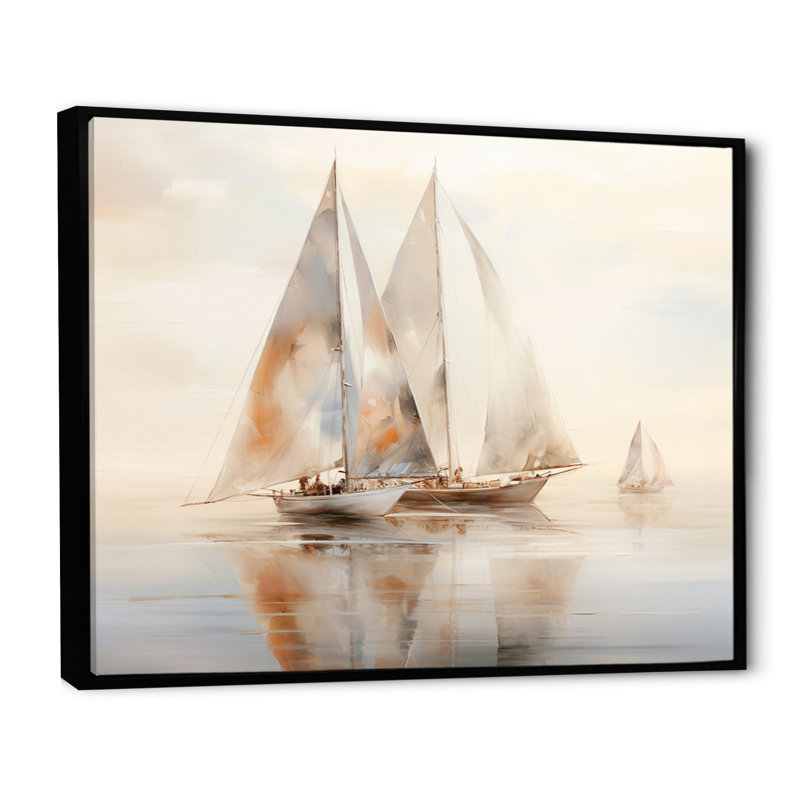 Bateau beige minimalisme II - transport, art mural, salon, 24" H x 32" W, Cadre flottant noir