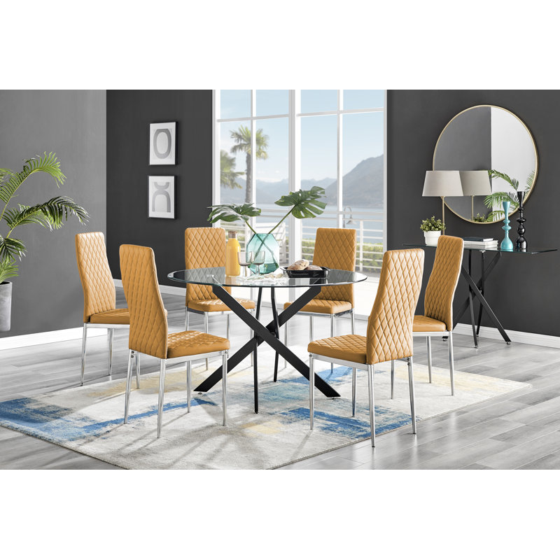 Tierra Modern Chrome Metal & Glass Round Dining Table Set with 6 Quilted Faux Leather Chairs, Mustard